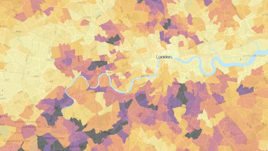 A map of London with the wood burner owning density shown in darker colours in areas where there are more wood burning stoves